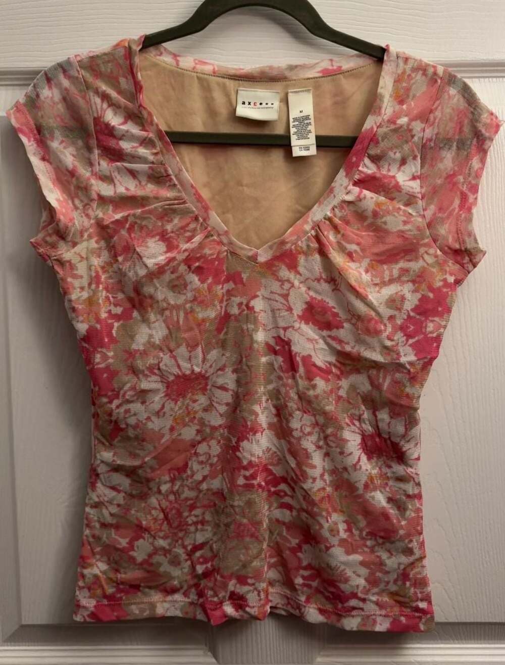 Axcess Pink Floral Mesh V-Neck Cap Sleeve Top Size M